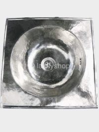Vasque en maillechort argenté marocaine ronde, plage carrée 38 x 38 cm - à encastrer
